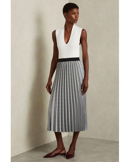 Reiss Natural Checked Pleated Midi Skirt