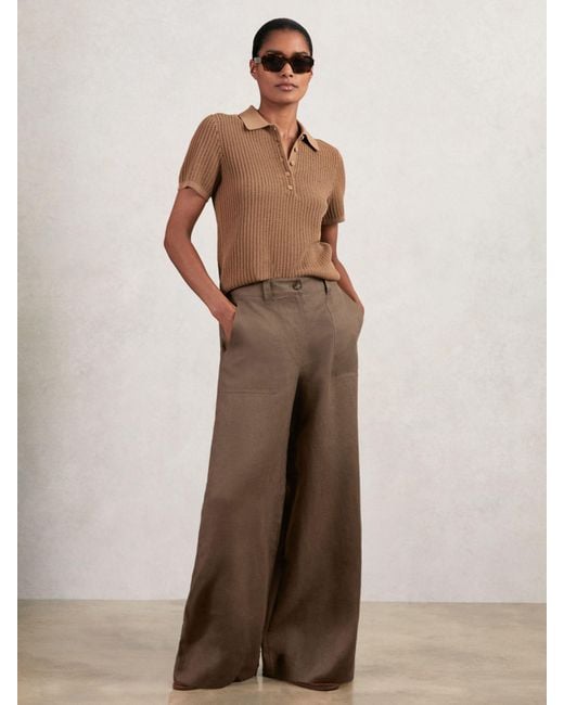 Reiss Brown Petite Linen Wide-Leg Trousers
