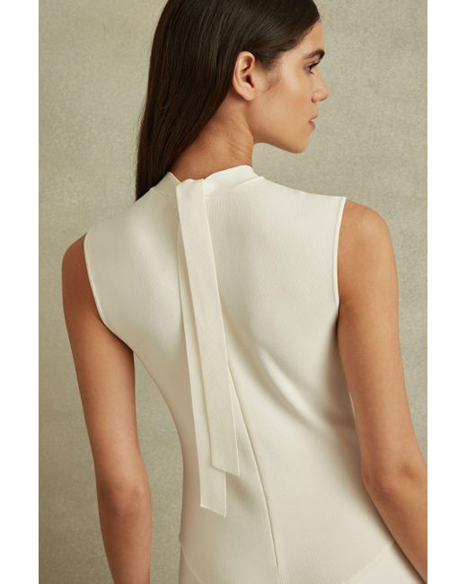 Reiss Natural Lani - Ivory Hybrid Knit Tie Back Midi Dress, L