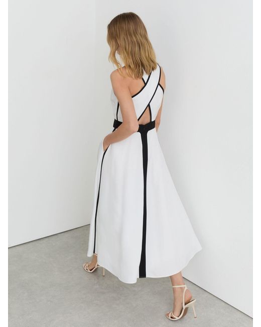 Reiss White Petite Contrast-Trim Cross-Back Midi Dress With Linen