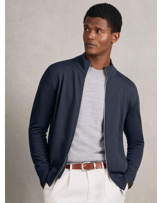 Reiss Blue Merino Wool Zip Through Cardigan for men