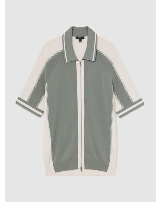 Reiss Gray Sage & Ecru Colour-Block Zip-Through Knit Shirt for men