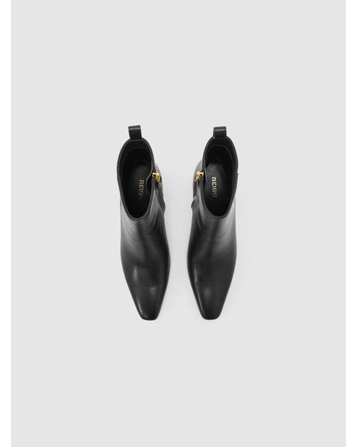 Reiss Black Leather Chisel-Toe Block-Heel Ankle Boots