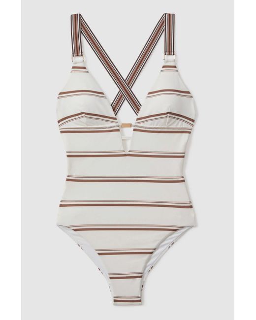 Reiss Natural Freda - Cream/brown Striped Cross-back Swimsuit