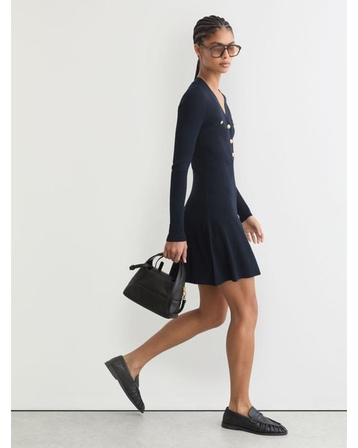 Reiss Blue Knitted Button-Detail Mini Dress