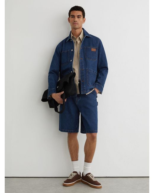 Reiss Blue Monogram-Patch Relaxed Denim Overshirt for men