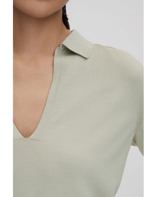 Reiss Gray Nellie - Sage Knitted Collared V-neck Top