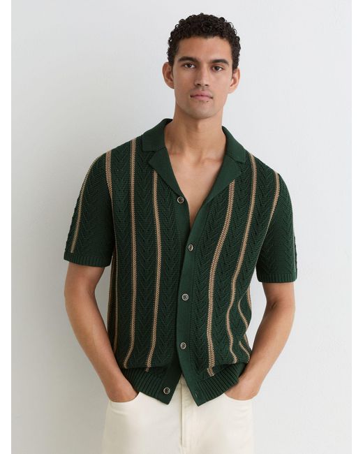 Reiss Black Ellingham - Forest Green Cotton-blend Textured-knit Stripe Shirt, M for men