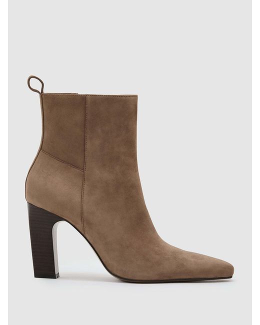 Reiss Brown Suede Chisel-Toe Block-Heel Ankle Boots