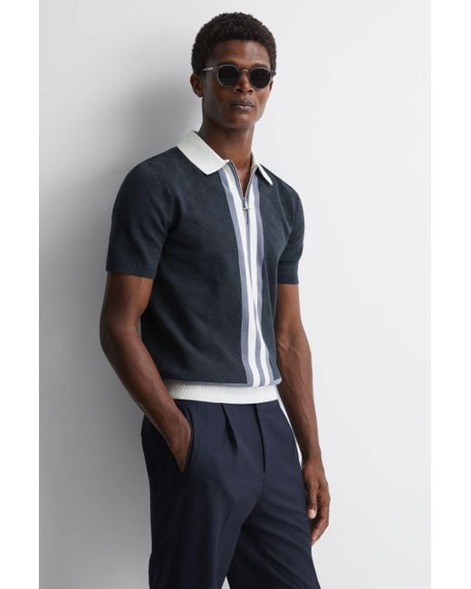 Reiss London - Eclipse Blue Slim Fit Cotton Knitted Half-zip Polo T-shirt for men