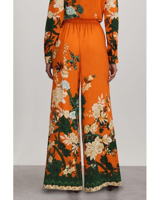 Raishma Orange Silk Printed Wide-leg Trousers