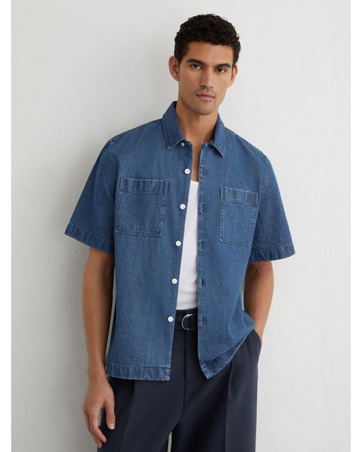 Reiss Blue Monogram-Embossed Relaxed Denim Shirt for men