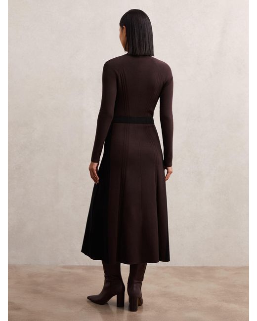 Reiss Zaya - Plum Purple/black Petite Knitted Contrast-panel Midi Dress, L (us 12-14)