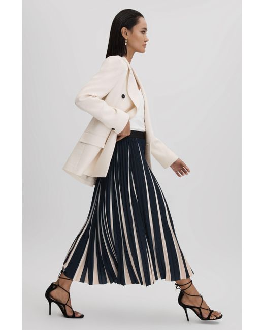 Reiss White Saige - Navy/cream Pleated Striped Midi Skirt