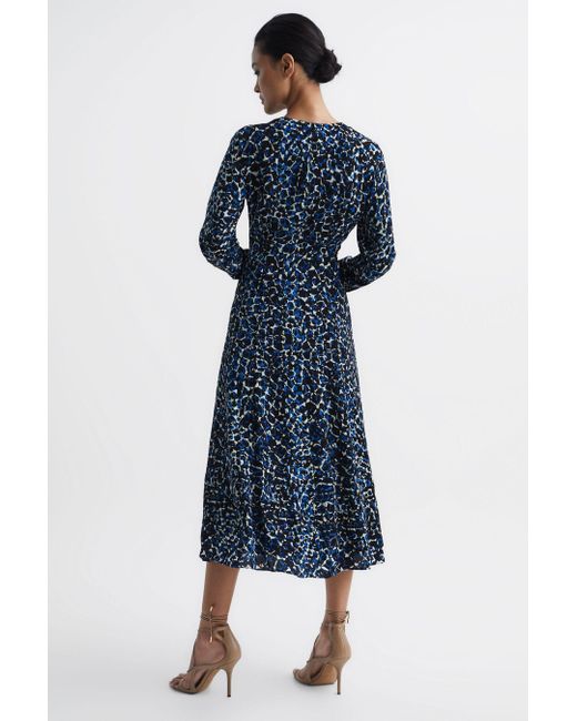 Reiss Greta - Navy/blue Long Sleeve Printed Midi Dress, Us 12