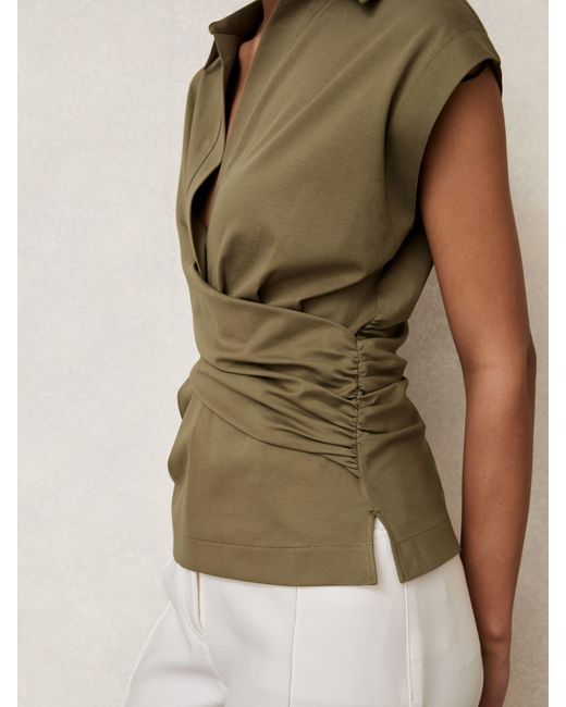 Reiss Brown Stretch-Cotton Wrap-Front Collar Top