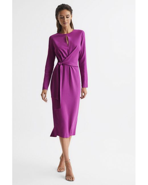 Reiss Valentina Asymmetric Tied-waist Stretch-woven Midi Dress in Purple
