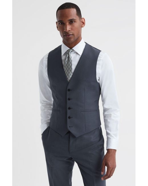 Reiss Fine - Airforce Blue Five Button Wool Slim Fit Waistcoat for men