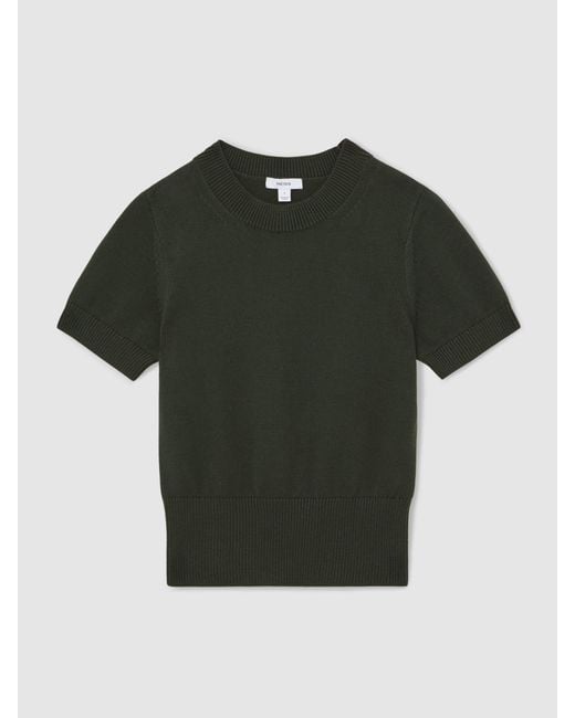 Reiss Green Cotton And Wool Crew-Neck Top