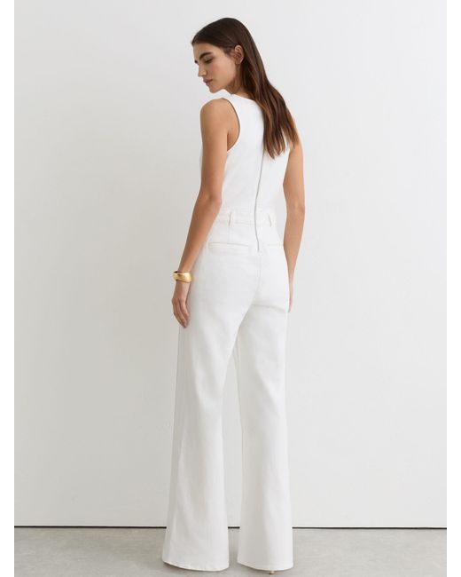 Reiss White Wide-Leg Racer-Back Denim Jumpsuit