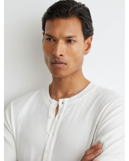 Reiss Blue Francisco - White Ribbed Long-sleeve Henley T-shirt, L for men