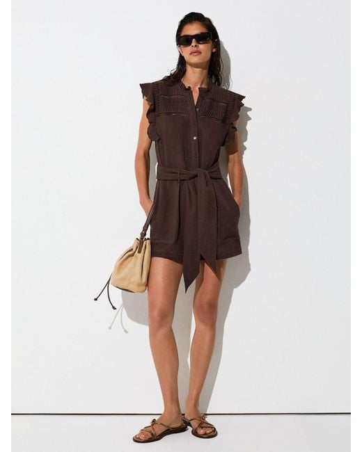 Reiss Brown Cotton Cheesecloth Ruffle-Detail Playsuit