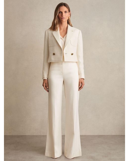 Reiss Natural Double-Breasted Textured Cropped Blazer With Wool And Cotton
