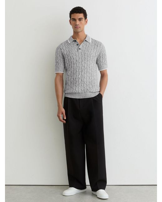 Reiss Gray Cotton Cable-Knit Polo Shirt for men