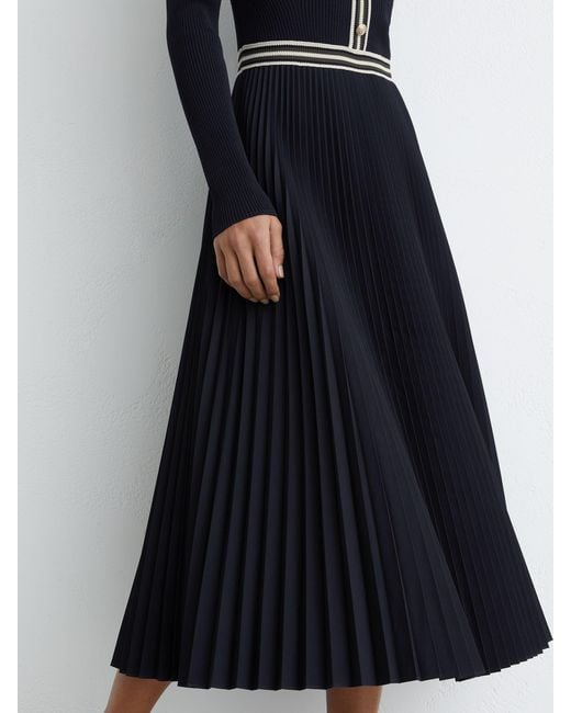 Reiss Black Rib-Knit Stripe-Trim Pleated Midi Dress