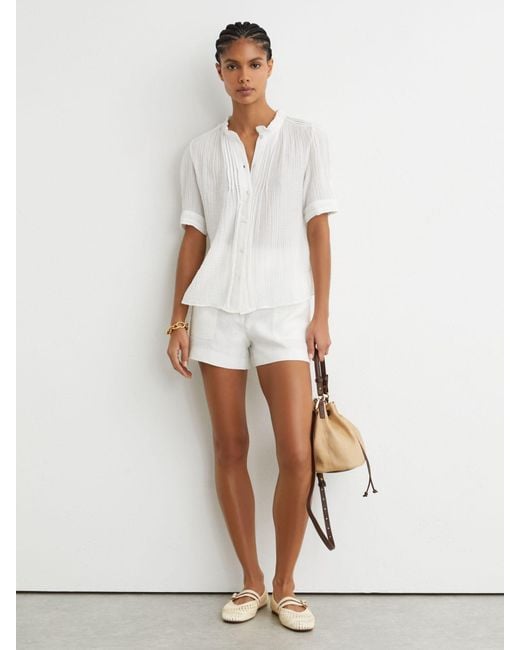 Reiss Aurelia - White Cotton Cheesecloth Frill-neck Top, Us 4