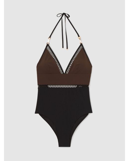 Reiss Black Chocolate & Colour-Block Lattice-Trim Swimsuit