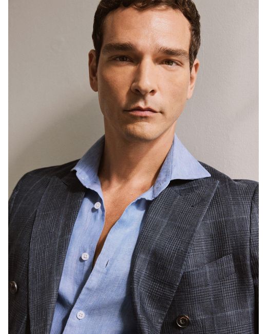 Reiss Blue Adoro - Navy Linen Check Double-breasted Tailored-fit Blazer, 42 for men