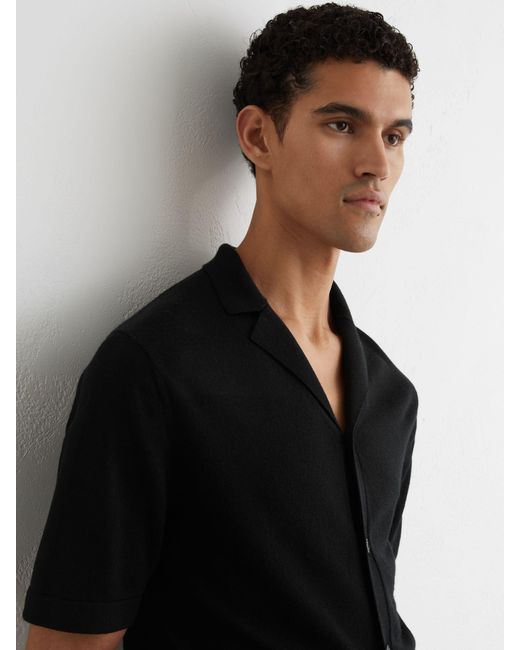 Reiss Grafton - Black Merino Wool Cuban-collar Shirt, Xxl for men