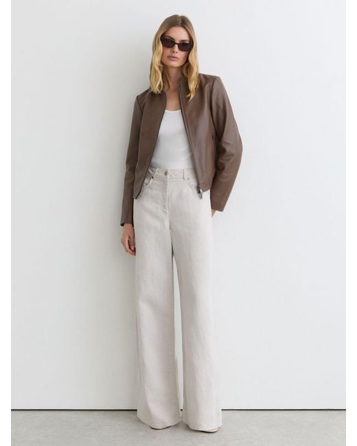 Reiss Brown Allie - Taupe Neutral Leather Collarless Biker Jacket, Us 10