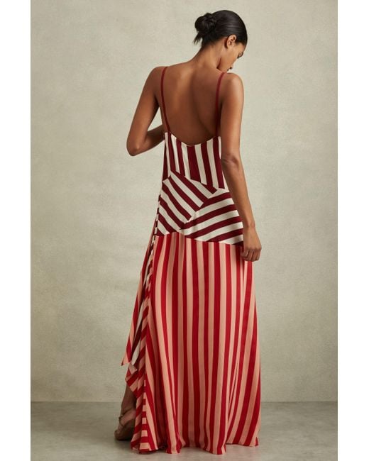 Reiss Red Holly - Burgundy/off White Colourblock Stripe Asymmetric Midi Dress, Us 4