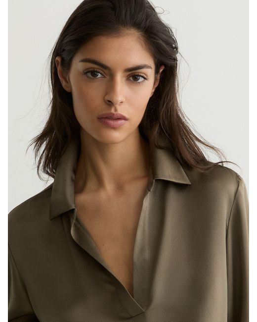 Reiss Brown Silk Open-Collar Blouse