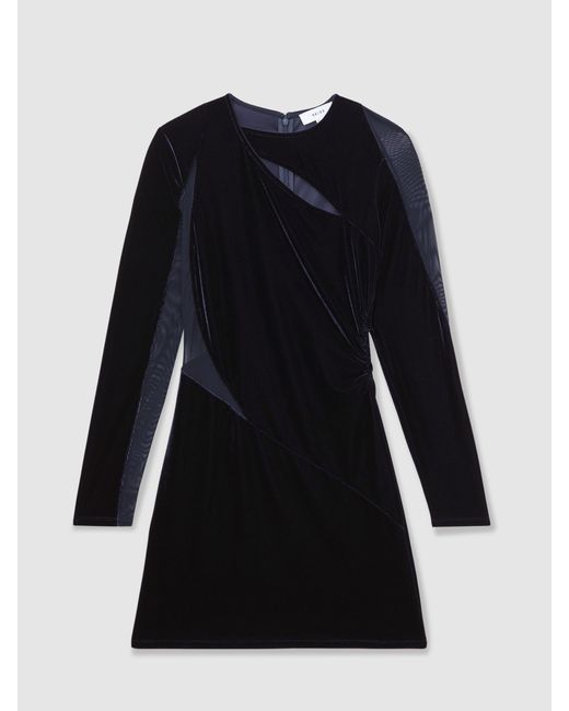 Reiss Blue Ruched Velvet Mesh Panel Mini Dress