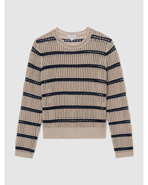 Reiss Multicolor Skylar - Neutral/navy Cotton-blend Open-knit Stripe Jumper, Xl (us 16-18)