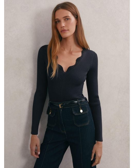 Reiss Blue Crochet-Trim Rib-Knit Top
