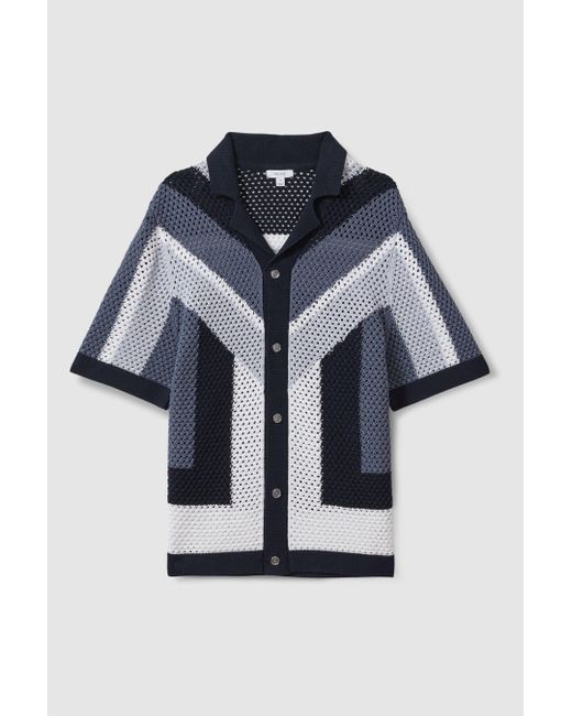 Reiss Multicolor Panko - Navy Multi Cotton Blend Crochet Cuban Collar Shirt, Xs for men