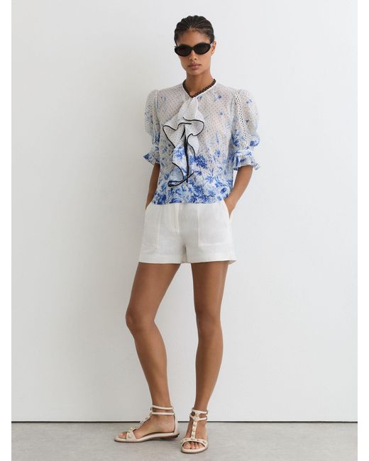 Reiss Minni - Ivory/blue Cotton Floral-print Ruffle Blouse, Us 4