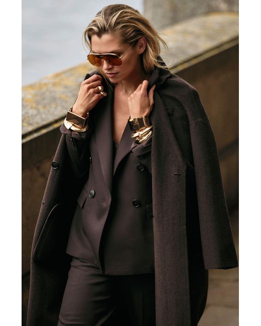 Reiss Black Lara Chocolate Wool Blend Herringbone-Twill Coat