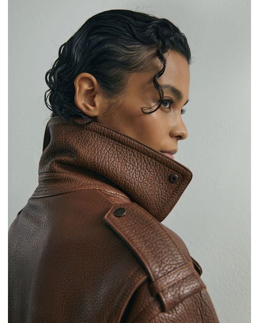 ATELIER Brown Grained-Leather Oversized Biker Jacket