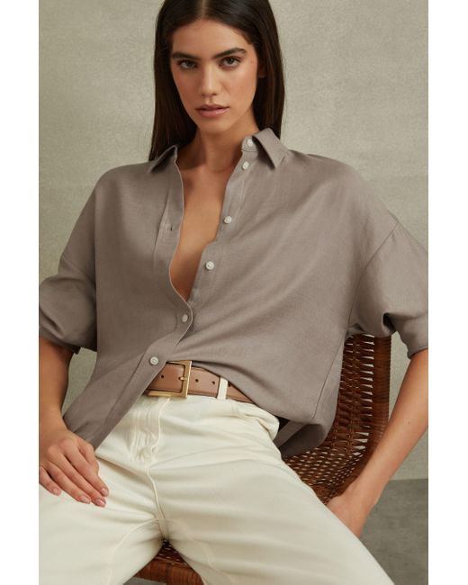 Reiss Natural Sian - Mink Relaxed Fit Lyocell Linen Button Through Shirt