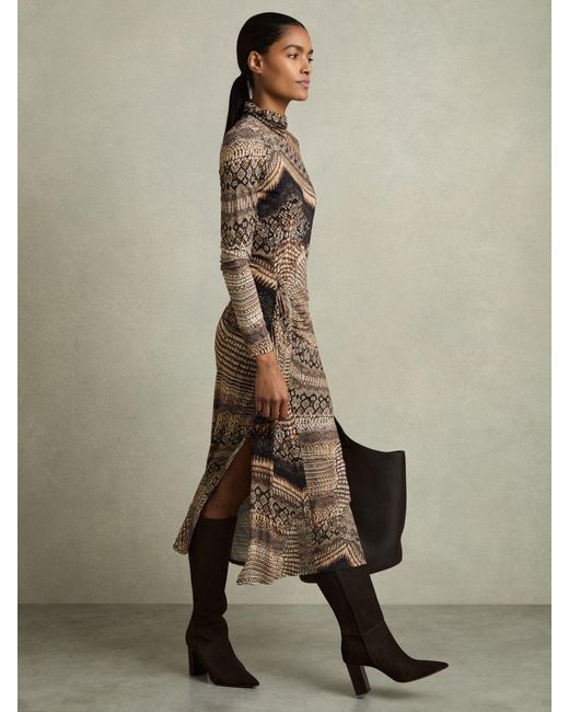 Reiss Natural Naomi - Brown Snake-print Draped Midi Dress, S (us 4-6)