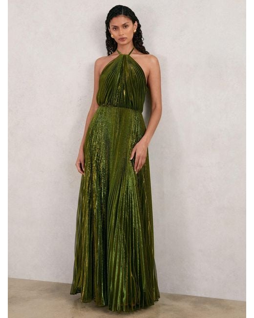 Halston Women's Green Pleated Metallic Maxi Dress Halston Women's Green Pleated Metallic Maxi Dress
