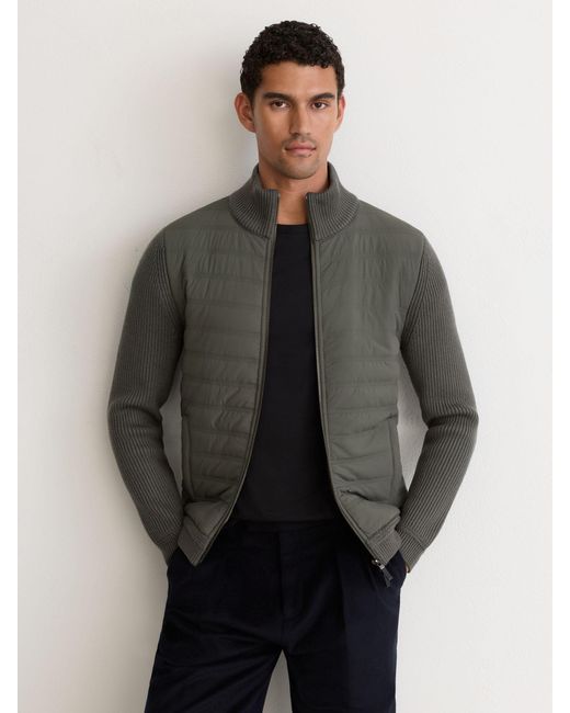 Reiss Black Quilted Rib-Knit Funnel-Neck Jacket for men