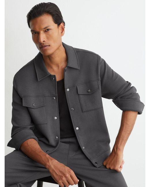 Reiss Gray Sueded Interlock Jersey Twin-Pocket Overshirt for men