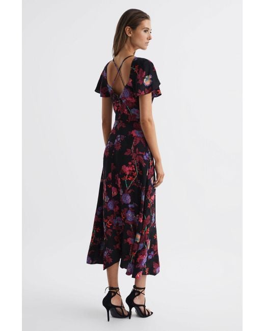 Reiss Purple Eleni - Black/pink Leni Fitted Floral Print Midi Dress, Us 12