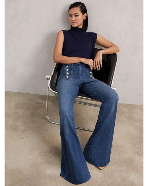 Reiss Blue Button-Detail High-Rise Flared Jeans